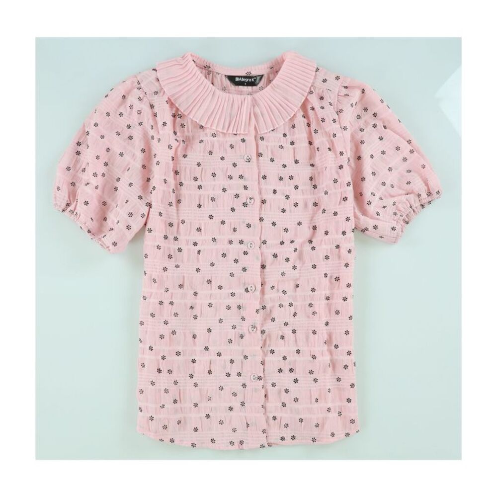 Allegra K Womens Pleated Ruffle Neck Button Down Blouse, NWT